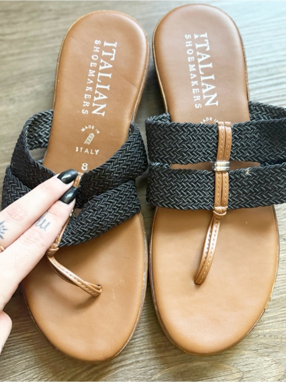 Italian Shoemakers Black Braided-Strap Sandals with Tan Footbed